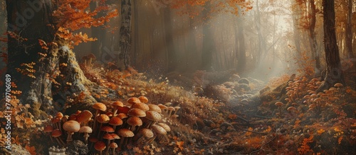 This painting depicts a dense forest filled with an abundance of mushrooms, showcasing the autumn season in all its glory. The forest floor is covered in various types of mushrooms, creating a vibrant
