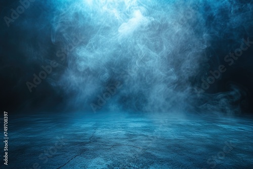 The concrete floor and studio room with smoke float up the interior texture for display products Dark street, asphalt abstract dark blue background