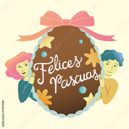 Ilustracion vectorial Felices Pascuas, Huevo de Pascuas, Huevo de chocolate con frase en español