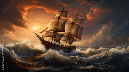 19th century clipper crossing the ocean at full speed to escape the towering storm, tall storm clouds in the background, lightning flashing from the clouds, sun shining through the clouds