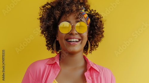 Joyful Woman with Reflective Sunglasses and Headband on a Sunny Yellow Backdrop