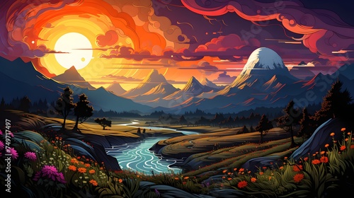 psychedelic art landscape with sunset and mountains, sky, flower field, hippie illustrations with clouds, waves and sun rays, vector background