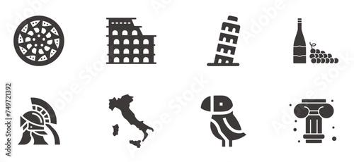 Icons set Italian Cuisine and culture. Flat icons that represent Italy.