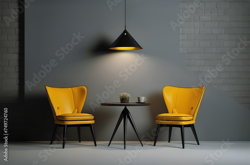 yellow chair and a table with a lamp hanging above it. The room is empty and the lamp is turned on
