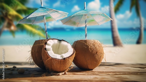 Coconuts with umbrella on wooden board on a beach