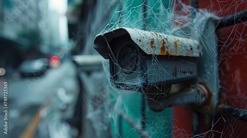 A CCTV camera covered in cobwebs, questioning the oversight and forgotten corners in our surveilled society