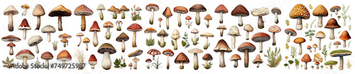 A refined set of watercolor mushroom illustrations, showcasing elegant watercolor techniques, isolated on a transparent PNG background for versatile use. 