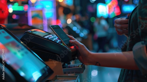 Happy client using a smartphone to make payment. Generative Ai.