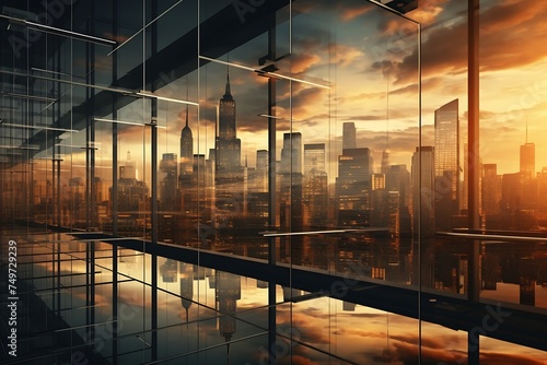 New York City skyscrapers panoramic view through window.