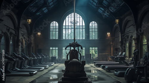 A gym with a supernatural theme, featuring ghostly workouts and eerie decor