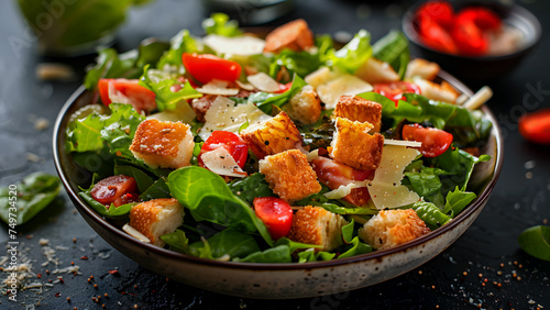 A close-up photo of a bowl of salad with romaine lettuce, chopped tomatoes, croutons, and shaved Parmesan cheese. The salad is tossed in a light vinaigrette dressing.