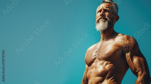 A handsome elderly male athlete on a blue background.