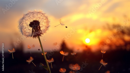 Dandelion seeds fly away in the wind across the blue sky at Sunset from the space mine. Nature, Summer, Flower Field concepts.