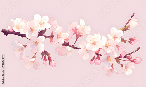 a branch of a cherry tree with pink flowers on a pink background,Generative AI
