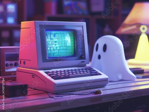 A bright close up view of a retro 8 bit computer with a ghost from the 80s in a random scene