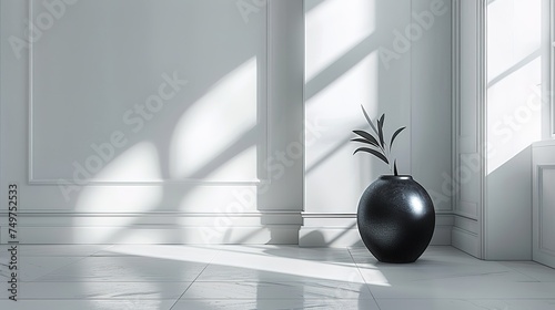 The black urn containing the plant is located in the corner of the room with sunlight coming in through the window