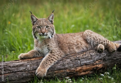 A young wild bobcat lynx cat is laying on a log in a grassy field. The bobcat is looking at the camera with a curious expression.