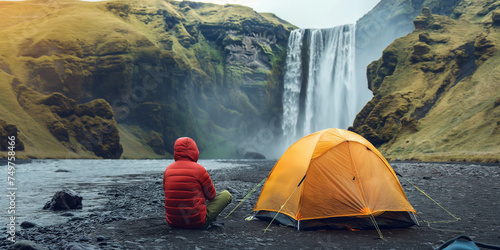 Peaceful scene of camping near the waterfall in spring, bright orange tent on spring green mountain landscape, with copy space, concept of traveling, hiking, camping, relaxation, emptying the mind.