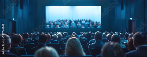 Audience watching a movie in a cinema hall with a focus on the back of heads and a blurred screen.