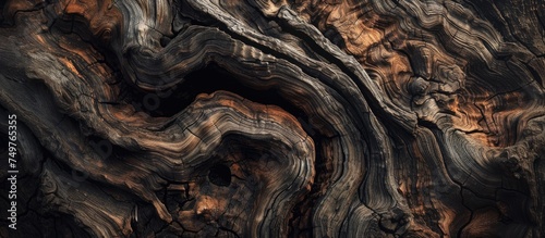 This close-up view showcases the intricate details of a tree trunk, highlighting the unique patterns and textures of the wood. The bark is rough and uneven, with visible cracks and crevices running
