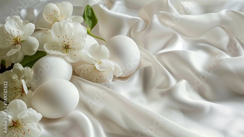 White eggs on white satin fabric with spring flowers and space for writing. Generative AI