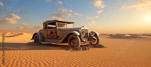 Abandoned classic vintage car rusting in the sahara desert - lost apocalyptic concept