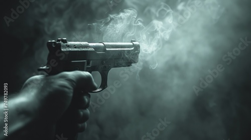 A Gun in the Darkness, The Shadow of a Gun, Gun Smoke and Fog, Silhouette of a Shooter.