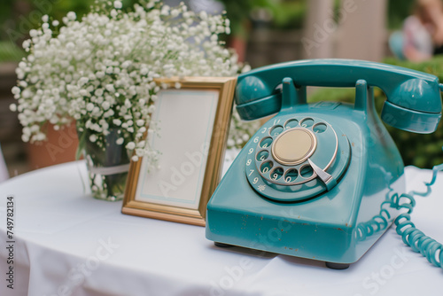 Audio guest book at wedding mockup. Teal retro rotary phone concept.