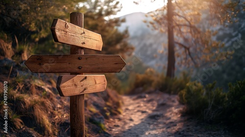 wooden signpost pointing in three directions village path with mountain background