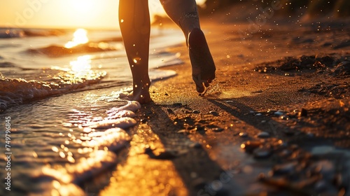 lady's feet in close-up as she strolls along a sandy beach at dusk.