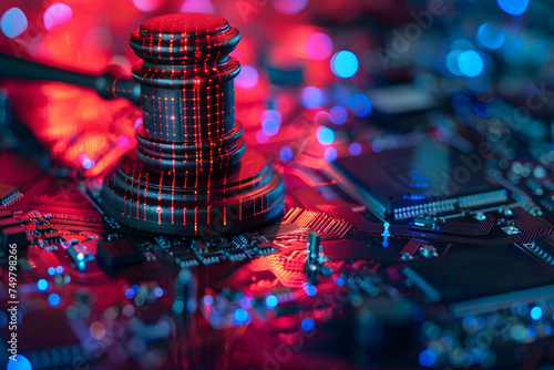 close up of electronic circuit board and a gavel