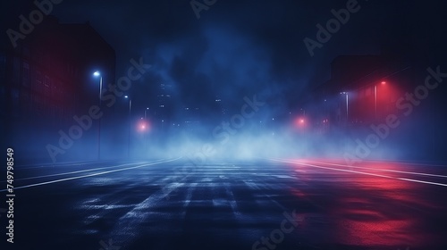 Dark Street Background with Thick Fog, Spotlight, and Blue and Red Neon Lights. Abstract Night View with Neon Lights.