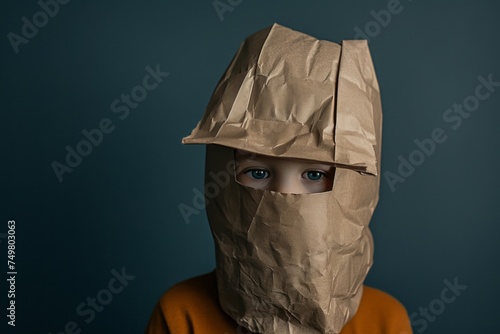 A child, with a paper bag over his head, is seen in a scene that showcases dark yellow and dark gray colors, embodying happycore aesthetics and emotive faces.