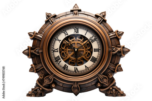 Clock Sitting on Table. A clock is placed on a wooden table, displaying the time. The clocks hands are ticking, indicating the passing of time. on White or PNG Transparent Background.