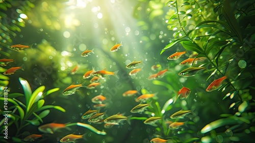 In a sun-drenched freshwater aquarium, a school of vibrant red tetra fish glides with elegance through lush green aquatic plants, creating a captivating display of natural beauty.