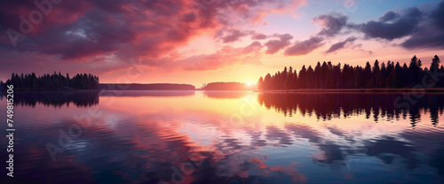 Enchanting gradient sunset over a serene lake, casting the cutest and most beautiful reflections on the water.