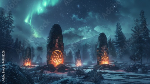Ancient rune stones glowing under a cosmic aurora, mystical symbols, forest backdrop