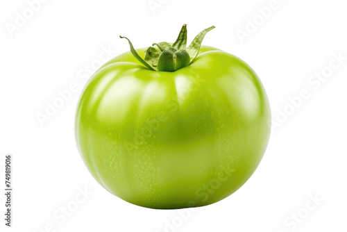 Green Tomato. A single green tomato is displayed prominently on a clean white background. The tomato is unripe, with a vibrant green hue and a smooth skin. on White or PNG Transparent Background.