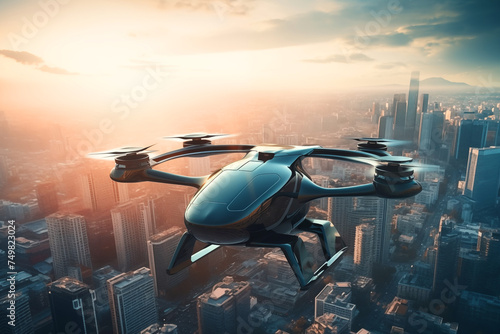 Flying car in sky. Electric air car flight above a cityscape. Future Flying Mobility. Futuristic Flying Transport. Urban Air Mobility (UAM), Flying unmanned car. Fly cars in drive in sky. Self driving