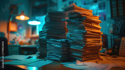 Dramatic lighting on a pile of tax documents in a hospital office the burden of financial management