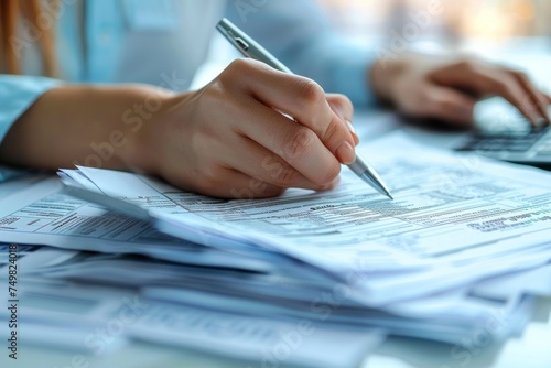 Zoom on hands typing online tax returns blurred business documents background