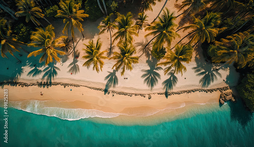 Illustration of aerial drone bird's eye view of tropical white sand beach and blue sea with palm trees