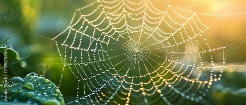 Macro shot of a dew-covered spider web, natural beauty, space for text