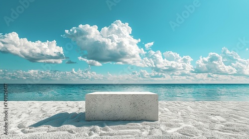 Minimalist podium, white sand beach, clear blue sky, summer breeze