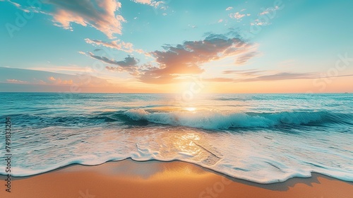 A golden sand beach faces a blue ocean, cloud cover, and a setting sun.