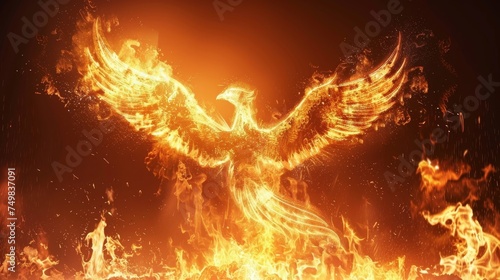 Artistic representation of a phoenix rising majestically from fiery flames, symbolizing rebirth and immortality in mythological lore.