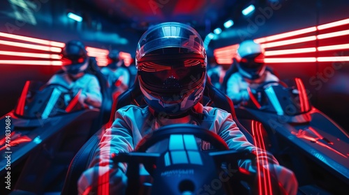 Racing Simulation Game with Virtual Reality. Players intensely focus on a racing simulation game, equipped with VR headsets, in a high-tech gaming environment with dynamic red and blue lighting.