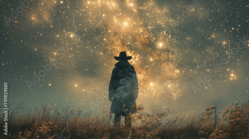 a man in a cowboy hat standing in a field of tall grass looking up at the stars in the sky.