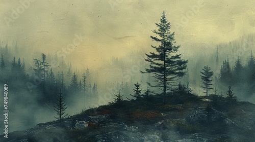 a painting of a foggy forest with a lone pine tree on top of a rocky outcropping.