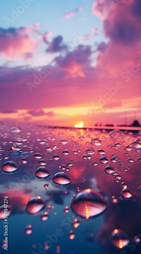 water drops on a surface with a sunset in the background